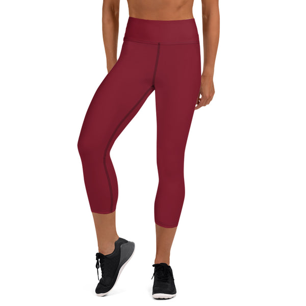 Burgundy Red Yoga Capri Leggings, Red Solid Color Designer Yoga Capri Leggings, Simple Essential Modern Comfy Moisture-Wicking, High-Waisted Capri Leggings Yoga Pants Mid-Calf Length Activewear- Made in USA/EU/MX (US Size: XS-XL)