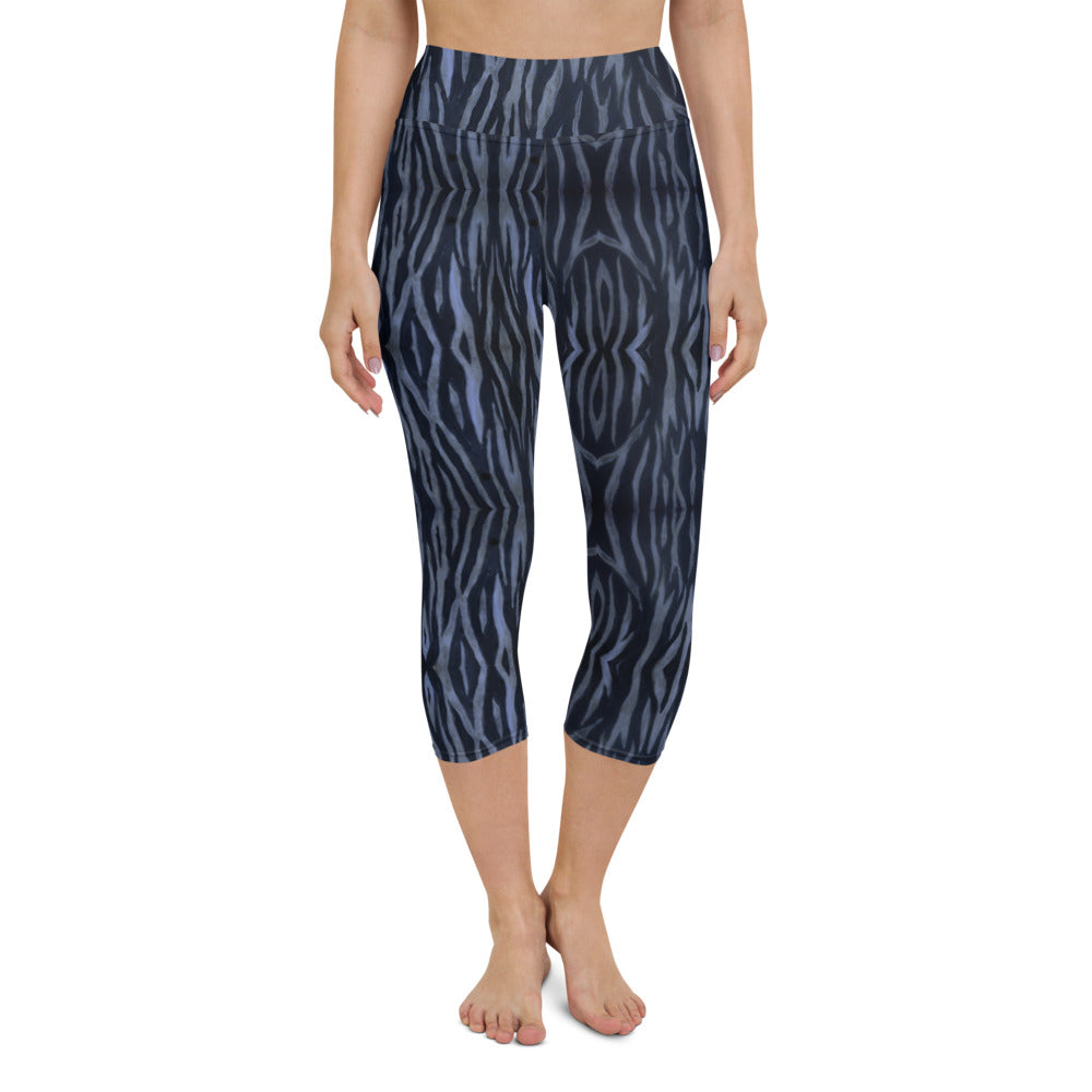 Blue Tiger Yoga Capri Leggings, Cute Tiger Striped Animal Print Designer Yoga Capri Leggings, Modern Comfy Moisture-Wicking, High-Waisted Capri Leggings Yoga Pants Mid-Calf Length Activewear- Made in USA/EU/MX (US Size: XS-XL)