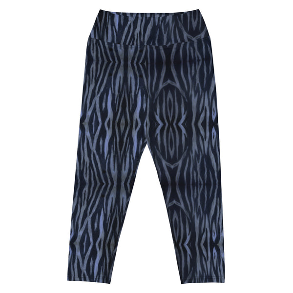 Blue Tiger Yoga Capri Leggings, Cute Tiger Striped Animal Print Designer Yoga Capri Leggings, Modern Comfy Moisture-Wicking, High-Waisted Capri Leggings Yoga Pants Mid-Calf Length Activewear- Made in USA/EU/MX (US Size: XS-XL)