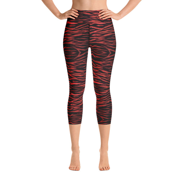 Red Tiger Yoga Capri Leggings, Cute Bright Red Tiger Striped Animal Print Designer Yoga Capri Leggings, Modern Comfy Moisture-Wicking, High-Waisted Capri Leggings Yoga Pants Mid-Calf Length Activewear- Made in USA/EU/MX (US Size: XS-XL)