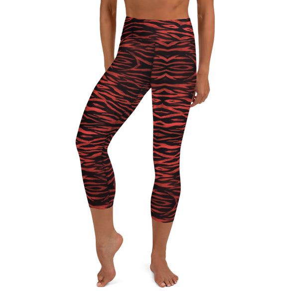 Red Tiger Yoga Capri Leggings, Cute Tiger Striped Animal Print Designer Yoga Capri Leggings, Modern Comfy Moisture-Wicking, High-Waisted Capri Leggings Yoga Pants Mid-Calf Length Activewear- Made in USA/EU/MX (US Size: XS-XL)