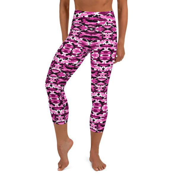 Pink Camo Yoga Capri Leggings, Camouflaged Women's Capris Tights For Women, Pink Camo Ladies' Tights, Women's Military Camouflage Print Yoga Capri Yoga Pants Leggings Tights- Made in USA/EU/MX (US Size: XS-XL)