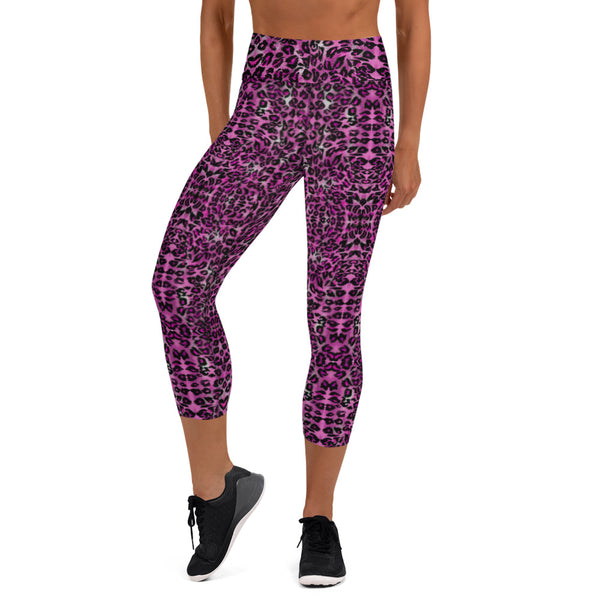  Pink Leopard Yoga Capri Leggings, Leopard Animal Print Women's Capri Leggings Yoga Pants For Ladies- Made in USA/EU/MX (US Size: XS-XL)