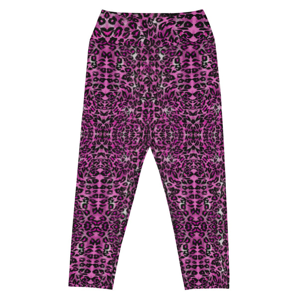  Pink Leopard Yoga Capri Leggings, Leopard Animal Print Women's Capri Leggings Yoga Pants For Ladies- Made in USA/EU/MX (US Size: XS-XL)