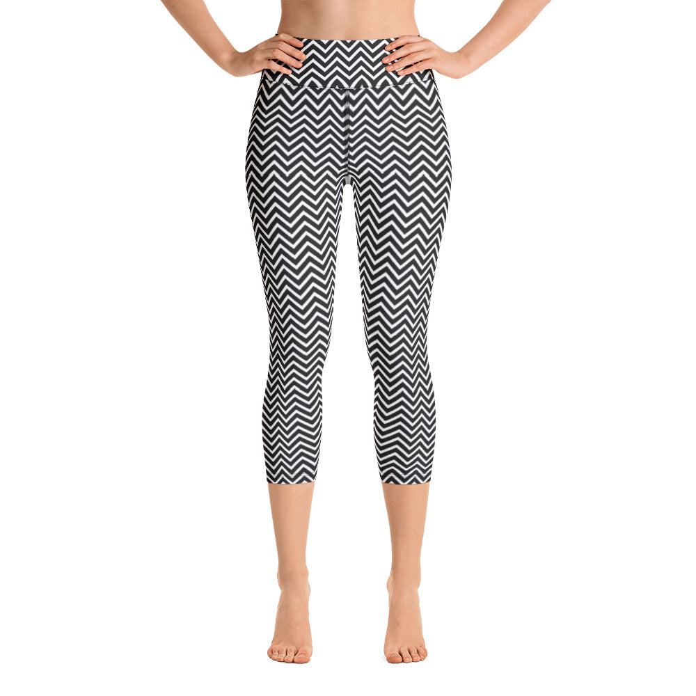 Black Chevron Yoga Capri Leggings, Patterned Women's Capris Tights-Made in  USA/EU/MX