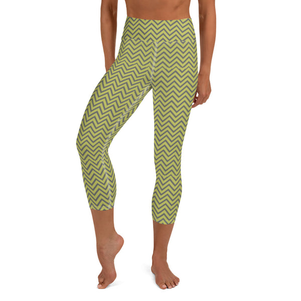Yellow Grey Chevron Capris Tights, Patterned Gray Print Capri Leggings Sports Fitness Designer Luxury Premium Quality Women's Capris Yoga Pants For Ladies- Made in USA/EU/MX (US Size: XS-XL)