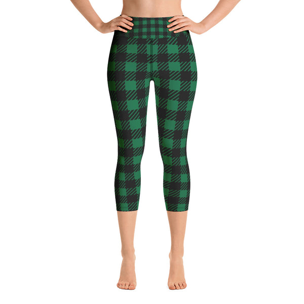 Green Plaid Printed Capris Tights, Buffalo Plaid Print Capri Leggings Sports Fitness Designer Luxury Premium Quality Women's Capris Yoga Pants For Ladies- Made in USA/EU/MX (US Size: XS-XL)