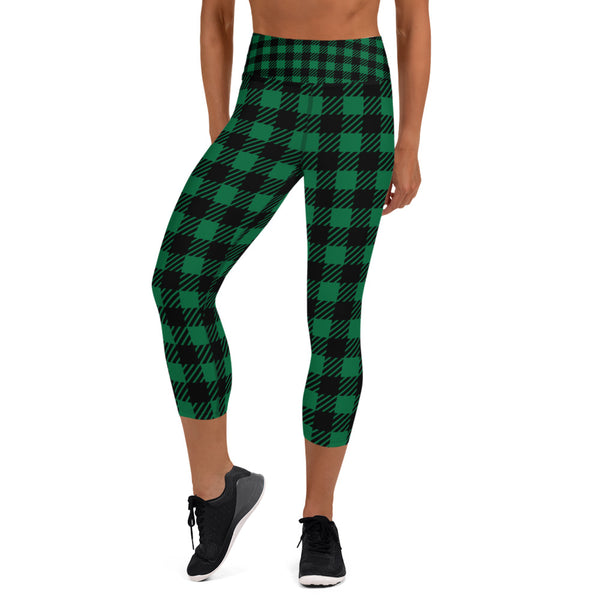 Green Plaid Printed Capris Tights, Buffalo Plaid Print Capri Leggings Sports Fitness Designer Luxury Premium Quality Women's Capris Yoga Pants For Ladies- Made in USA/EU/MX (US Size: XS-XL)