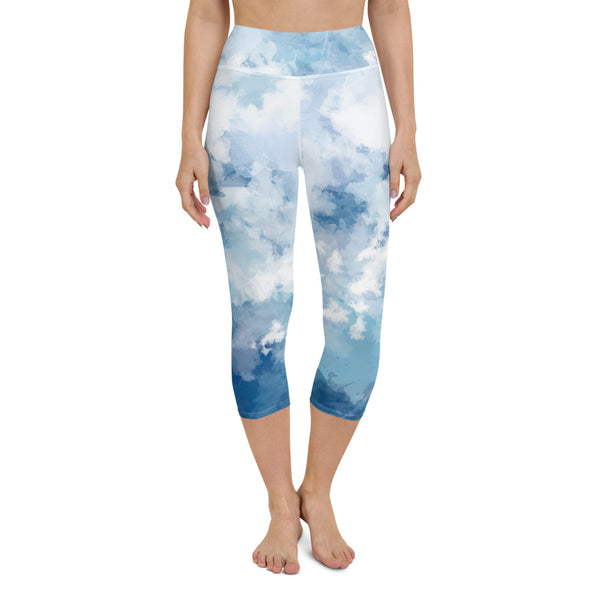 Blue Clouds Abstract Capris Tights, Blue Best Women's Yoga Capri Leggings, Modern Comfy Moisture-Wicking, High-Waisted Capri Leggings Yoga Pants Mid-Calf Length Activewear- Made in USA/EU/MX (US Size: XS-XL)