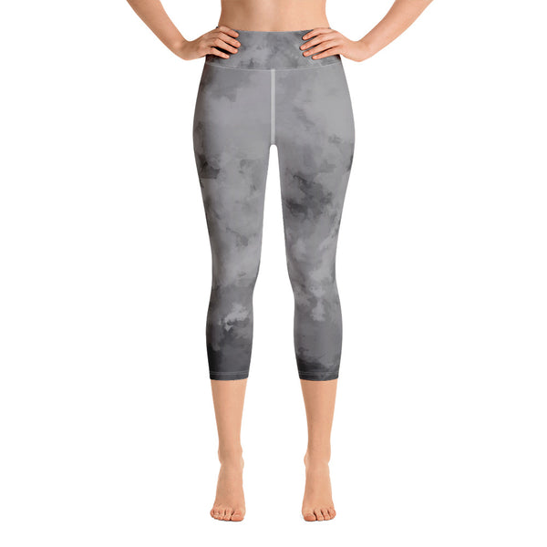 Gray Abstract Yoga Capri Leggings, Grey Abstract Print Capri Leggings Sports Fitness Designer Luxury Premium Quality Women's Capris Yoga Pants For Ladies- Made in USA/EU/MX (US Size: XS-XL)