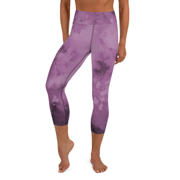 Purple Abstract Capris Tights, Purple Best Women's Yoga Capri Leggings, Modern Comfy Moisture-Wicking, High-Waisted Capri Leggings Yoga Pants Mid-Calf Length Activewear- Made in USA/EU/MX (US Size: XS-XL)