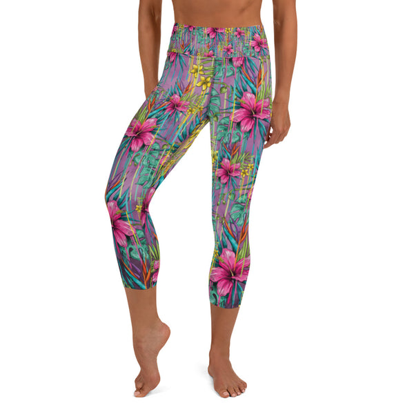 Tropical Yoga Capri Leggings, Floral Tropical Leaves Print Capri Leggings Sports Fitness Designer Luxury Premium Quality Women's Capris Yoga Pants For Ladies- Made in USA/EU/MX (US Size: XS-XL)