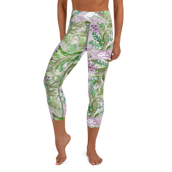 Lavender Yoga Capri Leggings, Floral Lavender Print Capri Leggings Sports Fitness Designer Luxury Premium Quality Women's Capris Yoga Pants For Ladies- Made in USA/EU/MX (US Size: XS-XL)