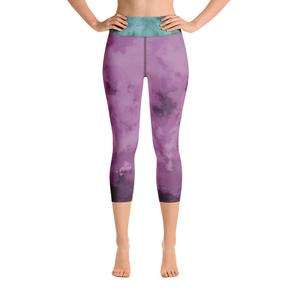 Blue Abstract Yoga Capri Leggings, Blue and Purple Abstract Print Patterned Capri Leggings Sports Fitness Designer Luxury Premium Quality Women's Capris Yoga Pants For Ladies- Made in USA/EU/MX (US Size: XS-XL)