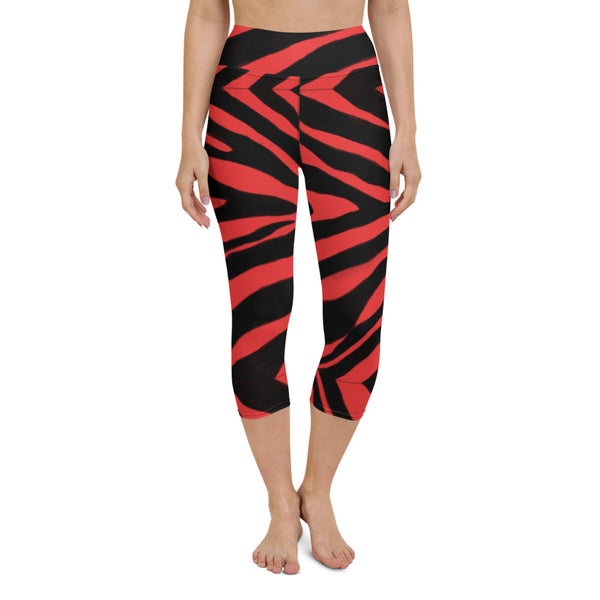 Red Zebra Yoga Capri Leggings, Zebra Animal Print Capri Leggings Sports Fitness Designer Luxury Premium Quality Women's Capris Yoga Pants For Ladies- Made in USA/EU/MX (US Size: XS-XL)