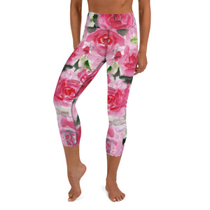 Pink Roses Yoga Capri Leggings, Floral Roses Print Best Designer