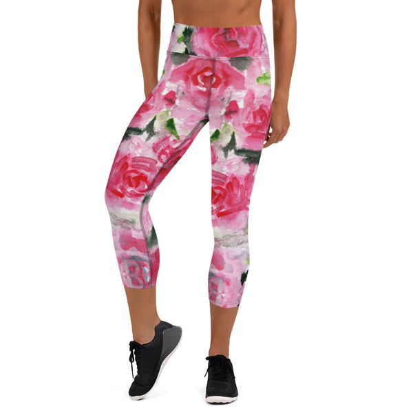 Pink Roses Yoga Capri Leggings, Floral Roses Flower Print Capri Leggings Sports Fitness Designer Luxury Premium Quality Women's Capris Yoga Pants For Ladies- Made in USA/EU/MX (US Size: XS-XL)