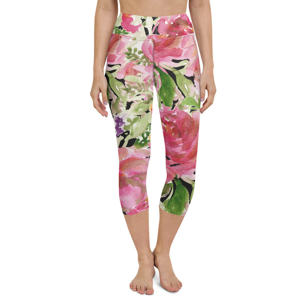 Pink Rose Capri Leggings, Best Pink Rose Floral Flower Print Capri Leggings Sports Fitness Designer Luxury Premium Quality Women's Capris Yoga Pants For Ladies- Made in USA/EU/MX (US Size: XS-XL)