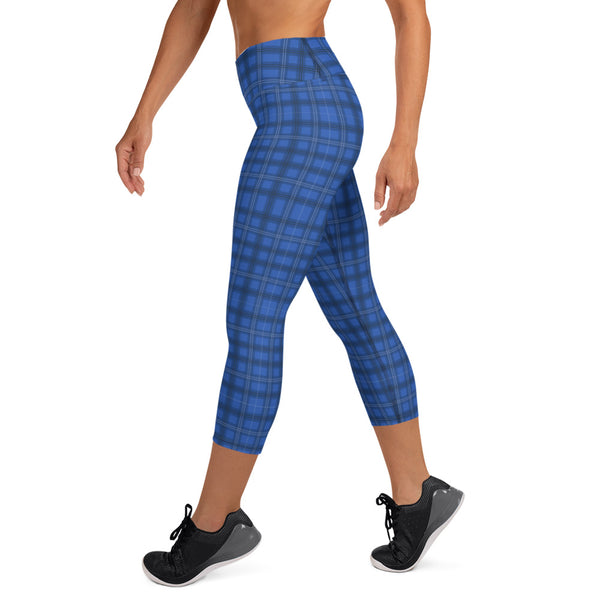 Blue Plaid Print Yoga Capris, Royal Blue Tartan Print Women's Classic Designer Best Capri Leggings Yoga Pants - Made in USA/EU/MX (US Size: XS-XL)