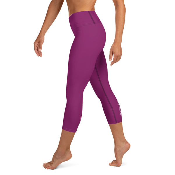 Eggplant Purple Yoga Capri Leggings, Solid Purple Color Designer Yoga Capri Leggings, Simple Essential Modern Comfy Moisture-Wicking, High-Waisted Capri Leggings Yoga Pants Mid-Calf Length Activewear- Made in USA/EU/MX (US Size: XS-XL)
