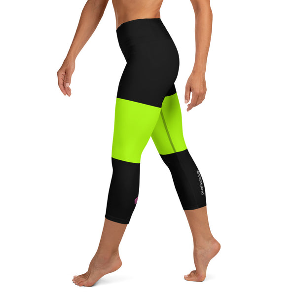 Black Green Striped Capri Leggings, Neon Green Casual Capris Tights For Women, Capri Leggings Yoga Pants For Ladies- Made in USA/EU/MX (US Size: XS-XL)