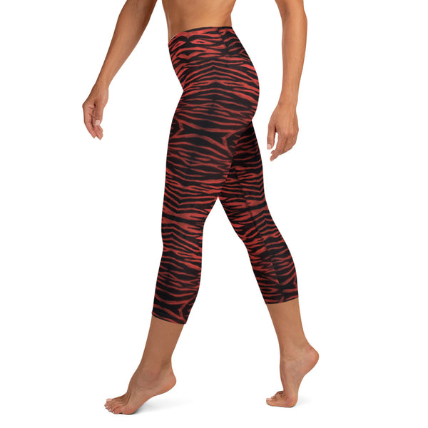 Red Tiger Yoga Capri Leggings, Cute Bright Red Tiger Striped Animal Print Designer Yoga Capri Leggings, Modern Comfy Moisture-Wicking, High-Waisted Capri Leggings Yoga Pants Mid-Calf Length Activewear- Made in USA/EU/MX (US Size: XS-XL)
