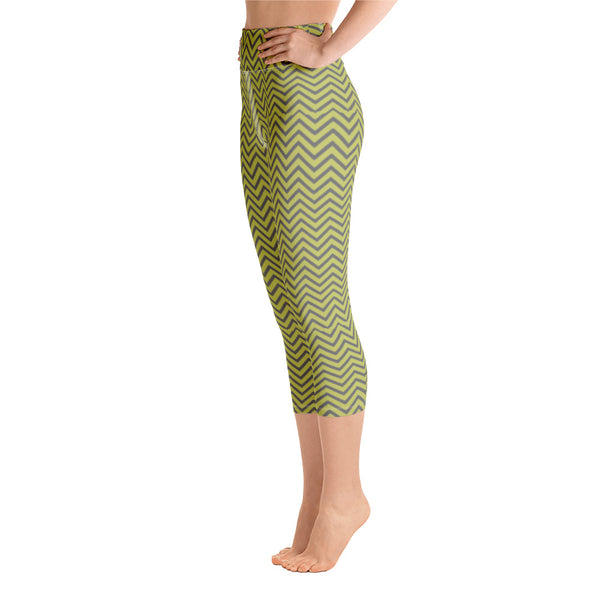 Yellow Grey Chevron Capris Tights, Patterned Gray Print Capri Leggings Sports Fitness Designer Luxury Premium Quality Women's Capris Yoga Pants For Ladies- Made in USA/EU/MX (US Size: XS-XL)
