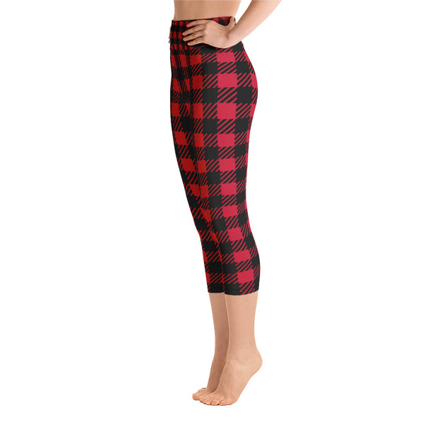 Red Plaid Yoga Capri Leggings, Buffalo Red Plaid Print Capri Leggings Sports Fitness Designer Luxury Premium Quality Women's Capris Yoga Pants For Ladies- Made in USA/EU/MX (US Size: XS-XL)