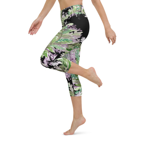 Black Marble Print Capri Leggings, Women's Yoga Capri Leggings