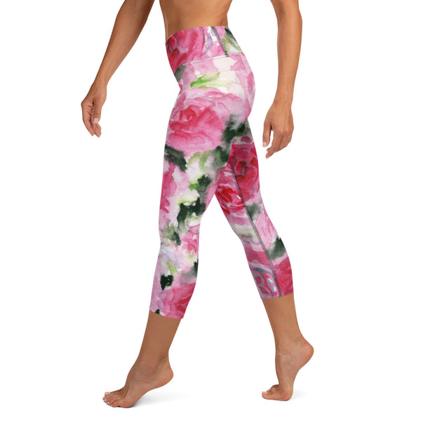 Pink Roses Yoga Capri Leggings, Floral Roses Flower Print Capri Leggings Sports Fitness Designer Luxury Premium Quality Women's Capris Yoga Pants For Ladies- Made in USA/EU/MX (US Size: XS-XL)