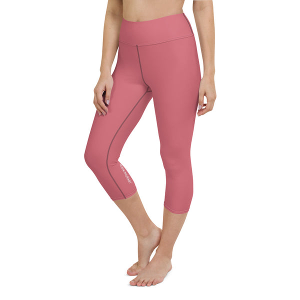 Pink Solid Yoga Capri Leggings, Premium Solid Pink Color Designer Yoga Capri Leggings, Simple Essential Modern Comfy Moisture-Wicking, High-Waisted Capri Leggings Yoga Pants Mid-Calf Length Activewear- Made in USA/EU/MX (US Size: XS-XL)