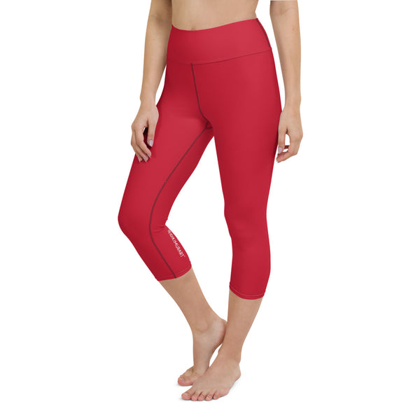 Hot Red Yoga Capri Leggings, Solid Color Red Designer Yoga Capri Leggings, Simple Essential Modern Comfy Moisture-Wicking, High-Waisted Capri Leggings Yoga Pants Mid-Calf Length Activewear- Made in USA/EU/MX (US Size: XS-XL)