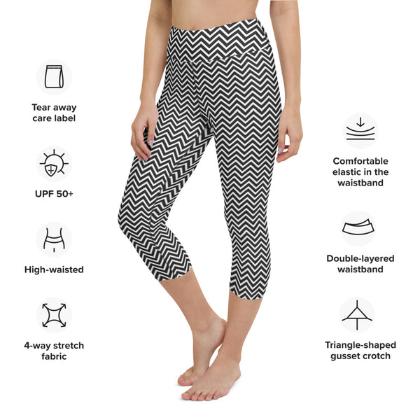 Black Chevron Yoga Capri Leggings, Patterned Capri Leggings Sports Fitness Designer Luxury Premium Quality Women's Capris Yoga Pants For Ladies- Made in USA/EU/MX (US Size: XS-XL)