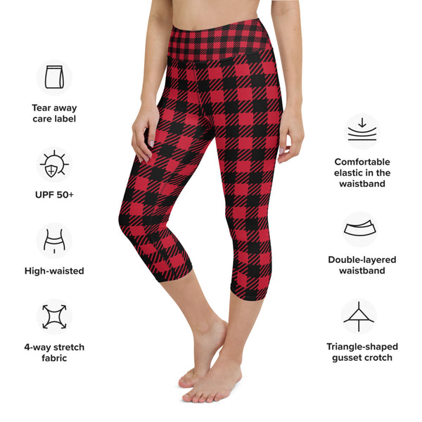 Red Plaid Yoga Capri Leggings, Buffalo Red Plaid Print Capri Leggings Sports Fitness Designer Luxury Premium Quality Women's Capris Yoga Pants For Ladies- Made in USA/EU/MX (US Size: XS-XL)
