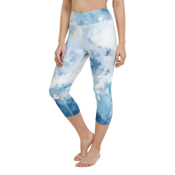 Blue Clouds Abstract Capris Tights, Blue Best Women's Yoga Capri Leggings, Modern Comfy Moisture-Wicking, High-Waisted Capri Leggings Yoga Pants Mid-Calf Length Activewear- Made in USA/EU/MX (US Size: XS-XL)