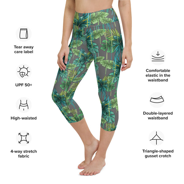 Grey Tropical Yoga Capri Leggings, Hawaiian Style Tropical Print Yoga Capri Leggings, Modern Comfy Moisture-Wicking, High-Waisted Capri Leggings Yoga Pants Mid-Calf Length Activewear- Made in USA/EU/MX (US Size: XS-XL)