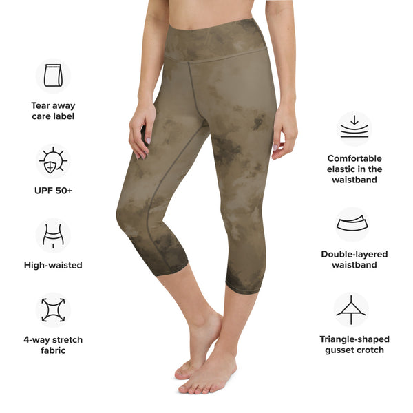 Brown Abstract Yoga Capri Leggings, Brown Abstract Print Capri Leggings Sports Fitness Designer Luxury Premium Quality Women's Capris Yoga Pants For Ladies- Made in USA/EU/MX (US Size: XS-XL)