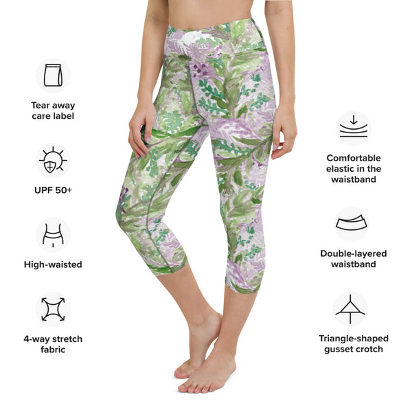 Lavender Yoga Capri Leggings, Floral Lavender Print Capri Leggings Sports Fitness Designer Luxury Premium Quality Women's Capris Yoga Pants For Ladies- Made in USA/EU/MX (US Size: XS-XL)