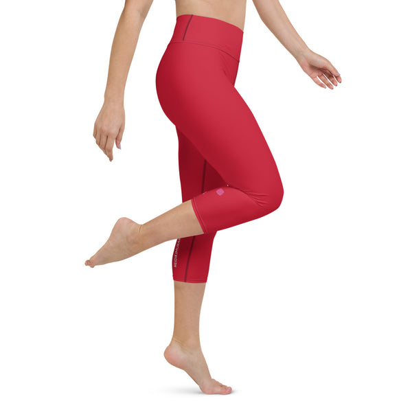 Hot Red Yoga Capri Leggings, Solid Color Red Designer Yoga Capri Leggings, Simple Essential Modern Comfy Moisture-Wicking, High-Waisted Capri Leggings Yoga Pants Mid-Calf Length Activewear- Made in USA/EU/MX (US Size: XS-XL)