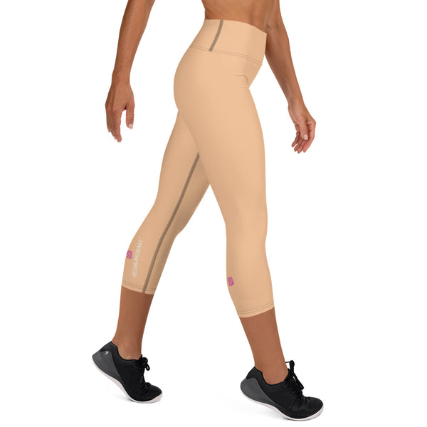 Beige Nude Yoga Capri Leggings, Pastel Nude Solid Color Designer Abstract Yoga Capri Leggings, Simple Essential Modern Comfy Moistsure-Wicking, High-Waisted Capri Leggings Yoga Pants Mid-Calf Length Activewear- Made in USA/EU/MX (US Size: XS-XL)