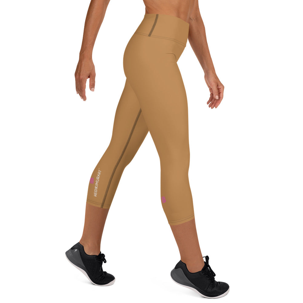 Beige Brown Yoga Capri Leggings, Solid Color Women's High Waisted Capris  Tights-Made in USA/EU