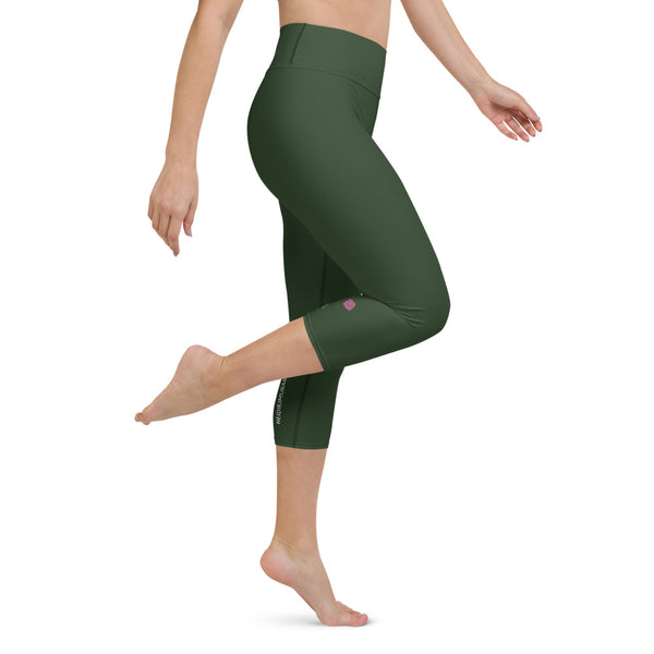 Jungle Green Yoga Capri Leggings, Solid Color Green Women's Capris Tights-Made in USA/EU/MX