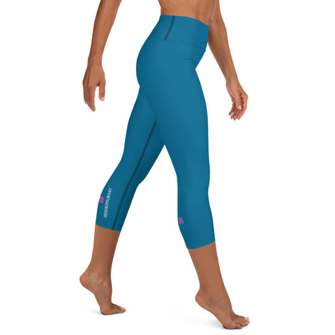 Blue Women's Yoga Capri Leggings, Solid Color Blue Color Designer Yoga Capri Leggings, Simple Essential Modern Comfy Moisture-Wicking, High-Waisted Capri Leggings Yoga Pants Mid-Calf Length Activewear- Made in USA/EU/MX (US Size: XS-XL)