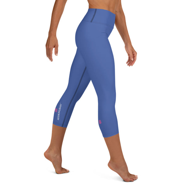 Marine Blue Yoga Capri Leggings, Solid Blue Color Designer Yoga Capri Leggings, Simple Essential Modern Comfy Moisture-Wicking, High-Waisted Capri Leggings Yoga Pants Mid-Calf Length Activewear- Made in USA/EU/MX (US Size: XS-XL)