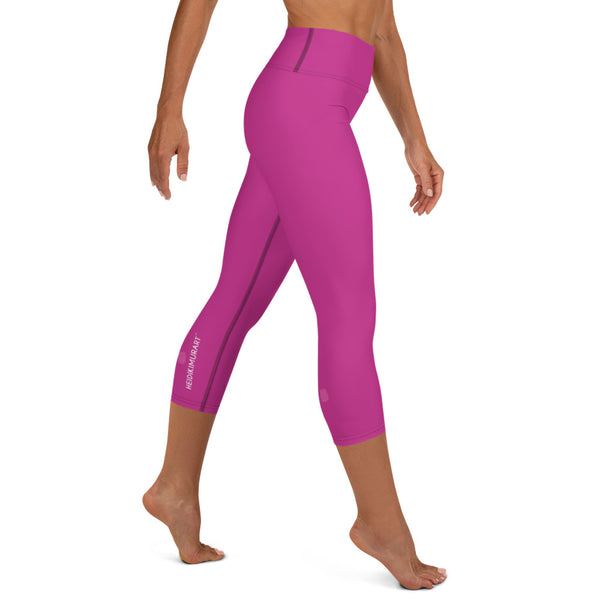 Bright Pink Yoga Capri Leggings, Solid Color Hot Pink Designer Yoga Capri Leggings, Simple Essential Modern Comfy Moisture-Wicking, High-Waisted Capri Leggings Yoga Pants Mid-Calf Length Activewear- Made in USA/EU/MX (US Size: XS-XL)