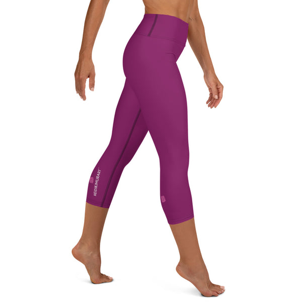 Eggplant Purple Yoga Capri Leggings, Solid Purple Color Designer Yoga Capri Leggings, Simple Essential Modern Comfy Moisture-Wicking, High-Waisted Capri Leggings Yoga Pants Mid-Calf Length Activewear- Made in USA/EU/MX (US Size: XS-XL)