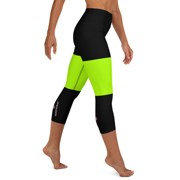 Black Green Striped Capri Leggings, Neon Green Casual Capris Tights For Women, Capri Leggings Yoga Pants For Ladies- Made in USA/EU/MX (US Size: XS-XL)