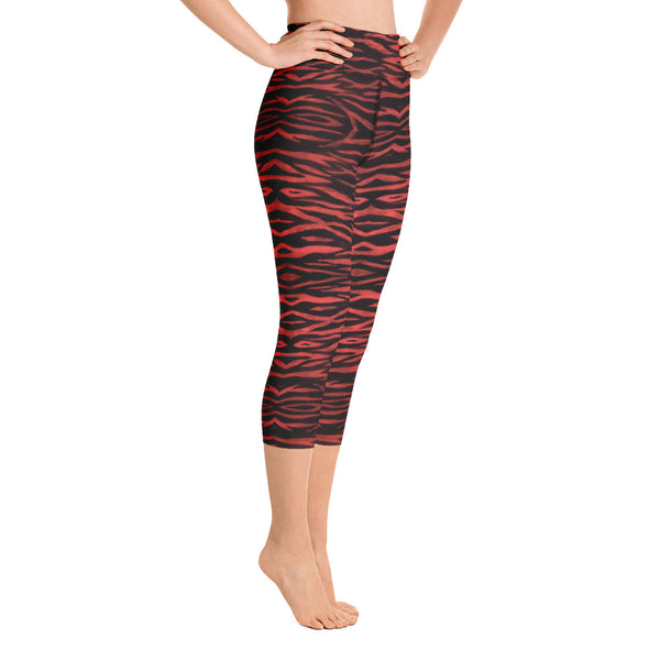 Red Tiger Yoga Capri Leggings, Cute Tiger Striped Animal Print Designer Yoga Capri Leggings, Modern Comfy Moisture-Wicking, High-Waisted Capri Leggings Yoga Pants Mid-Calf Length Activewear- Made in USA/EU/MX (US Size: XS-XL)