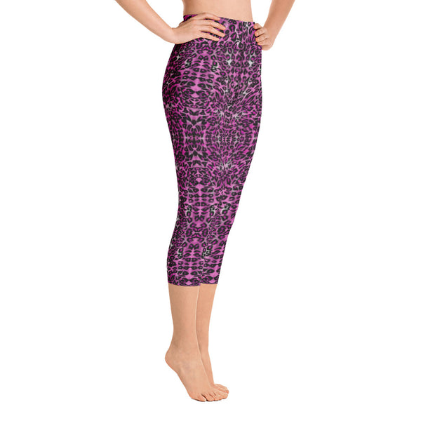 Pink Leopard Yoga Capri Leggings, Leopard Animal Print Women's Capri Leggings Yoga Pants For Ladies- Made in USA/EU/MX (US Size: XS-XL)