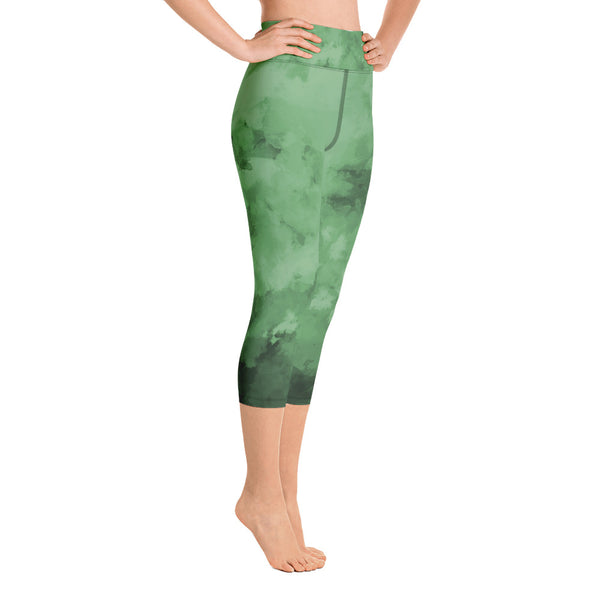 Green Abstract Capris Tights, Green Abstract Best Women's Yoga Capri Leggings, Modern Comfy Moisture-Wicking, High-Waisted Capri Leggings Yoga Pants Mid-Calf Length Activewear- Made in USA/EU/MX (US Size: XS-XL)